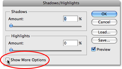 Selecting Show More Options in the Shadow/Highlight dialog box. Image © 2009 Photoshop Essentials.com