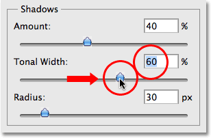 Increasing the Tonal Width to 60% for the shadows. Image © 2009 Photoshop Essentials.com