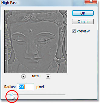 Photoshop's 'High Pass' filter dialog box.