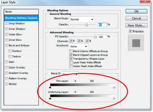 Photoshop's Layer Style dialog box with the Blend If sliders at the bottom