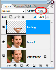 Increasing the opacity of the healing layer to 65%
