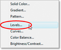 Selecting a 'Levels' adjustment layer from the list.
