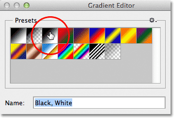 Selecting the Black, White gradient in the Gradient Editor in Photoshop. Image © 2012 Photoshop Essentials.com.