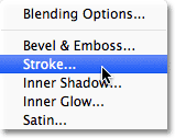 Choosing Stroke from the list of layer styles. Image © 2012 Photoshop Essentials.com.