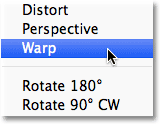 Selecting the Warp command from the Edit menu in Photoshop. Image © 2012 Photoshop Essentials.com.