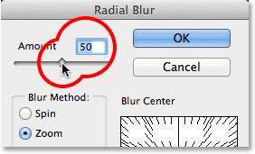Setting the Amount value for the Radial Blur filter in Photoshop. Image © 2013 Photoshop Essentials.com