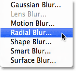 Selecting the Radial Blur filter in Photoshop. Image © 2013 Photoshop Essentials.com