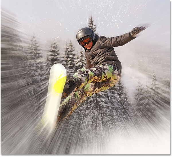 The snowboarder is now visible through the zoom effect. Image © 2013 Photoshop Essentials.com
