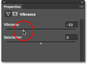 Dragging the Vibrance slider to reduce color saturation. Image © 2012 Photoshop Essentials.com