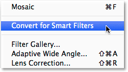 Selecting the Convert for Smart Filters command under the Filter menu. Image © 2014 Photoshop Essentials.com.