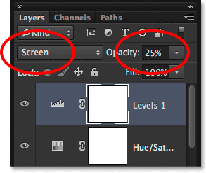 Changing the blend mode and the opacity of the Levels adjustment layer. Image © 2014 Photoshop Essentials.com.