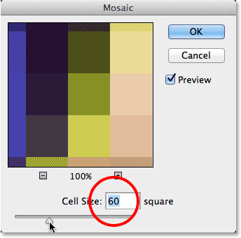 The Mosaic filter dialog box. Image © 2014 Photoshop Essentials.com.