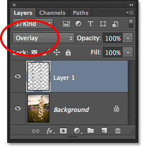 Changing the blend mode of Layer 1 to Overlay. Image © 2014 Photoshop Essentials.com