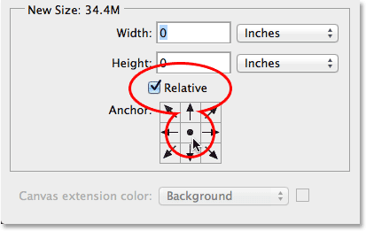 The Relative option and the center Anchor Grid box are both selected. Image © 2014 Photoshop Essentials.com