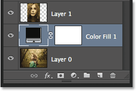 The Layers panel showing the new Solid Color Fill layer between the two image layers. Image © 2014 Photoshop Essentials.com