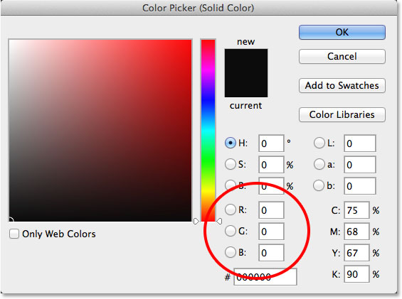 Choosing black from the Color Picker. Image © 2014 Photoshop Essentials.com