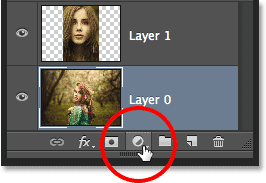 Clicking the New Fill or Adjustment Layer icon in the Layers panel. Image © 2014 Photoshop Essentials.com
