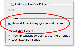 The Show all Filter Gallery groups and names option in Photoshop's preferences. Image © 2013 Photoshop Essentials.com