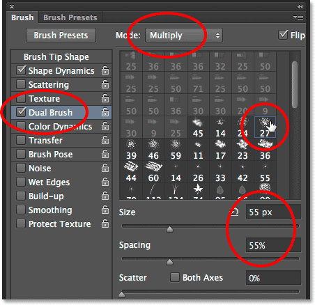 The Dual Brush options in the Brushes Panel in Photoshop. Image © 2014 Photoshop Essentials.com.