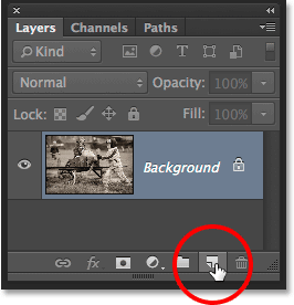 Clicking the New Layer icon in the Layers panel in Photoshop. Image © 2014 Photoshop Essentials.com.