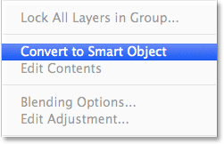 Selecting the Convert to Smart Object command in the Layers panel menu. Image © 2013 Photoshop Essentials.com