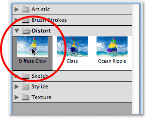 Selecting the Diffuse Glow filter from the Filter Gallery in Photoshop CS6. Image © 2013 Photoshop Essentials.com