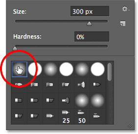 Selecting a soft-edge brush from the Brush Preset picker. Image © 2013 Photoshop Essentials.com