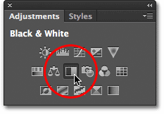 Clicking the Black & White icon in the Adjustments panel in Photoshop CS6. Image © 2012 Photoshop Essentials.com.