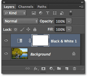 The Layers panel showing the Black & White adjustment layer. Image © 2012 Photoshop Essentials.com.