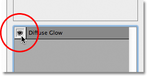 The Diffuse Glow filter visibility icon in the Filter Gallery. Image © 2012 Photoshop Essentials.com.
