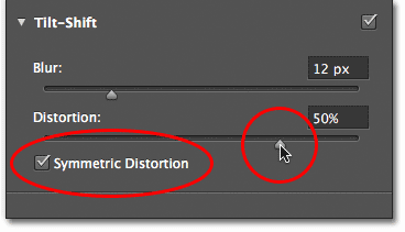 The Distortion options for the Tilt-Shift filter in Photoshop CS6. Image © 2012 Photoshop Essentials.com