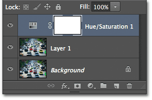 The Layers panel showing the Hue/Saturation adjustment layer. Image © 2012 Photoshop Essentials.com