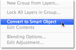 Choosing the Convert to Smart Object command from the Layers panel menu. Image © 2014 Photoshop Essentials.com