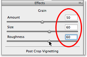 The Amount, Size and Roughness sliders for the Grain effect. Image © 2014 Photoshop Essentials.com