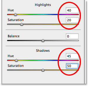 The Hue and Saturation values for the Highlights and Shadows in the Split Toning panel. Image © 2014 Photoshop Essentials.com