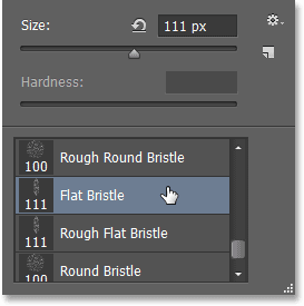 Selecting the Flat Bristle 111 px brush from the Brush Preset Picker. Image © 2013 Photoshop Essentials.com