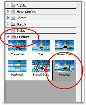 Selecting the Texturizer filter in the Filter Gallery. Image © 2013 Photoshop Essentials.com