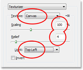 Setting the options for the Texturizer filter. Image © 2013 Photoshop Essentials.com