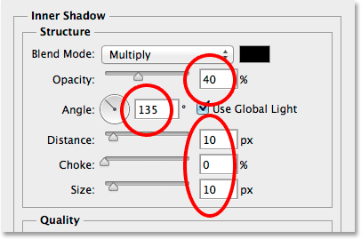 The Inner Shadow options in the Layer Style dialog box. Image © 2014 Photoshop Essentials.com.
