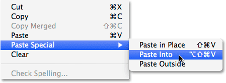 Selecting Paste Into from the Paste Special sub menu under the Edit menu. Image © 2014 Photoshop Essentials.com.