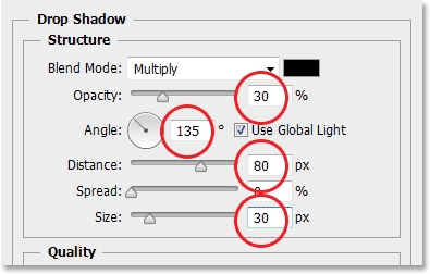 The Drop Shadow options in the Layer Style dialog box. Image © 2013 Photoshop Essentials.com
