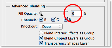 Lowering Fill Opacity to 0 percent in the Blending Options. Image © 2014 Photoshop Essentials.com