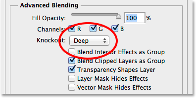 Setting the Knockout option to Deep in the Blending Options. Image © 2014 Photoshop Essentials.com