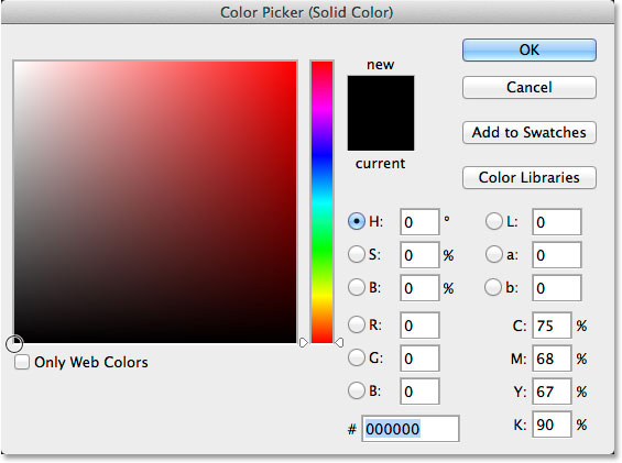 Choosing black from the Color Picker. Image © 2014 Photoshop Essentials.com