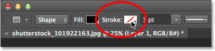 Clicking the Stroke color swatch for the Rectangle Tool in the Options Bar. Image © 2014 Photoshop Essentials.com