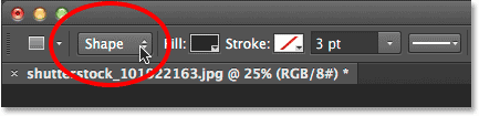 Setting the Tool Mode for the Rectangle Tool to Shape. Image © 2014 Photoshop Essentials.com