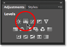 Clicking the Levels icon in the Adjustments panel. Image © 2014 Photoshop Essentials.com