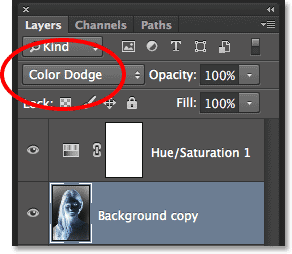 Changing the blend mode of the layer to Color Dodge. Image © 2014 Photoshop Essentials.com