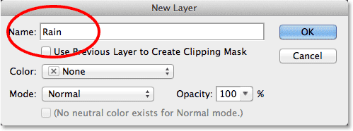 Naming the layer in the New Layer dialog box. Image © 2013 Photoshop Essentials.com