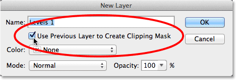 Selecting the Use Previous Layer to Create Clipping Mask option in the New Layer dialog box. Image © 2013 Photoshop Essentials.com